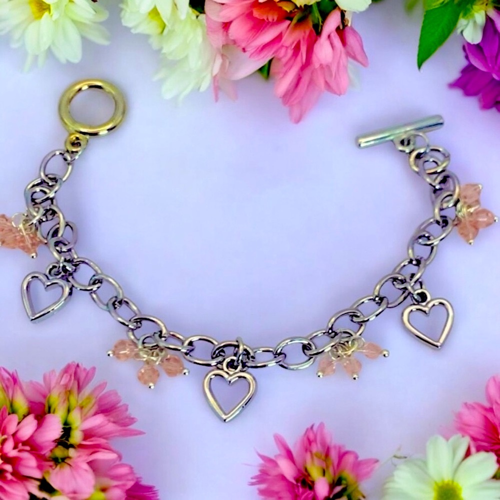 3 Heart Silver Tone With Pink Crystals Toggle Bracelet Valentine - Picture 2 of 3